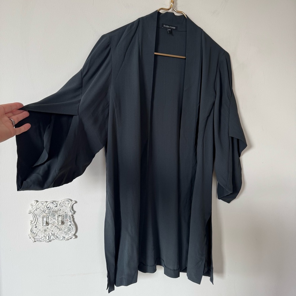 Eileen Fisher Black Silk Georgette Crepe Kimono Draped Open Blazer Jacket S - Picture 4 of 8